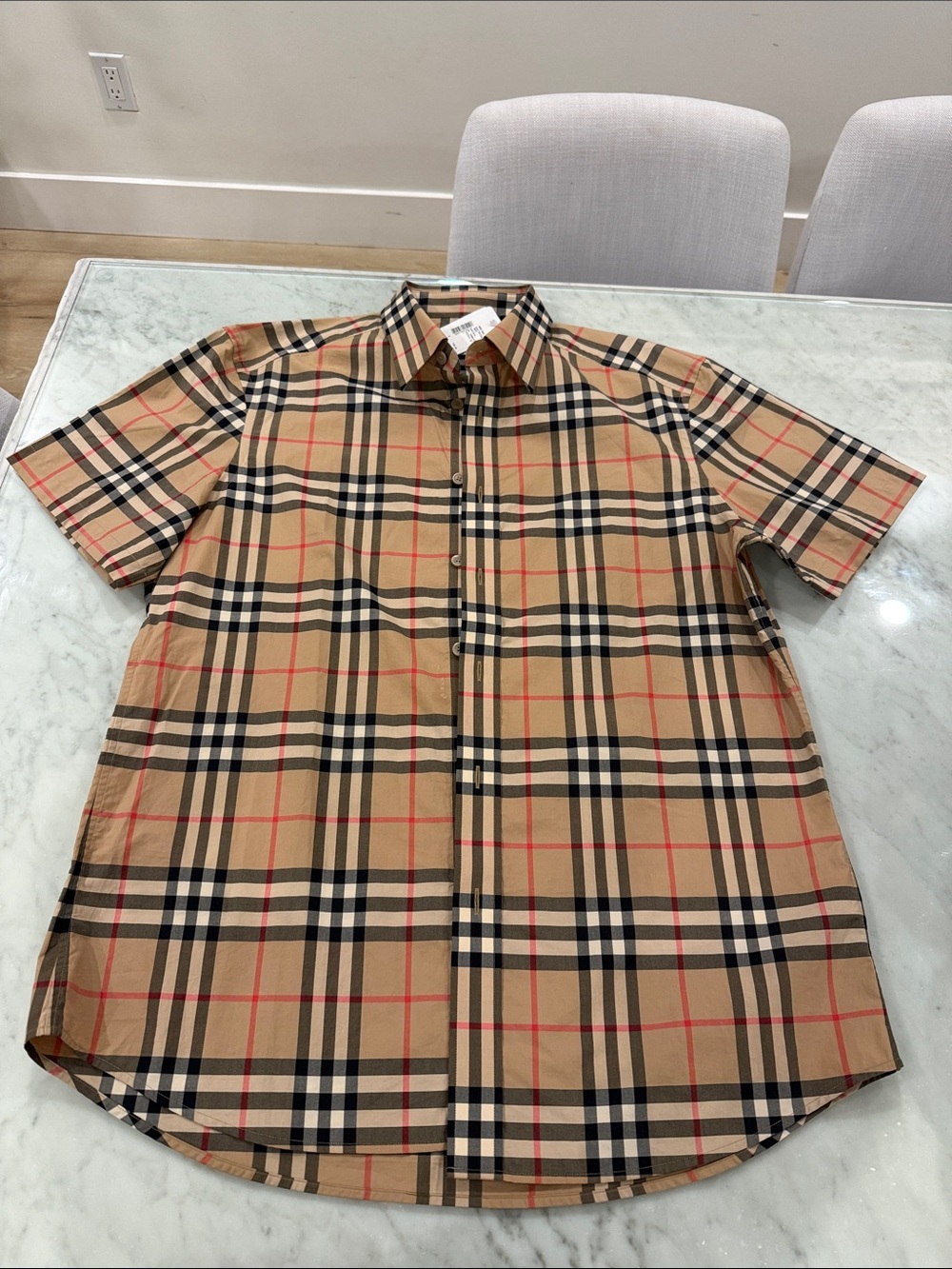 Burberry Tan Check Short-Sleeve Button-Down Shirt